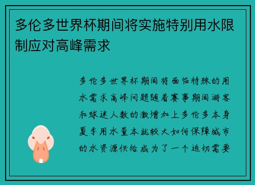 多伦多世界杯期间将实施特别用水限制应对高峰需求